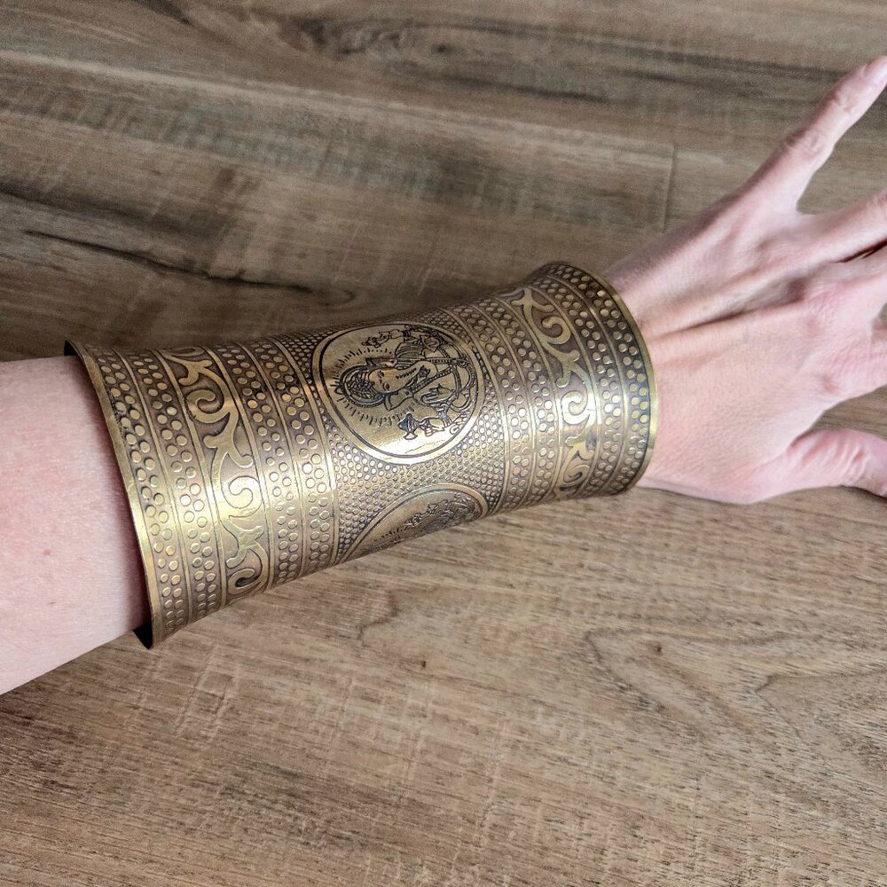 Brass tribal super wide cuff/bangle/bracelet with Ganesha image.